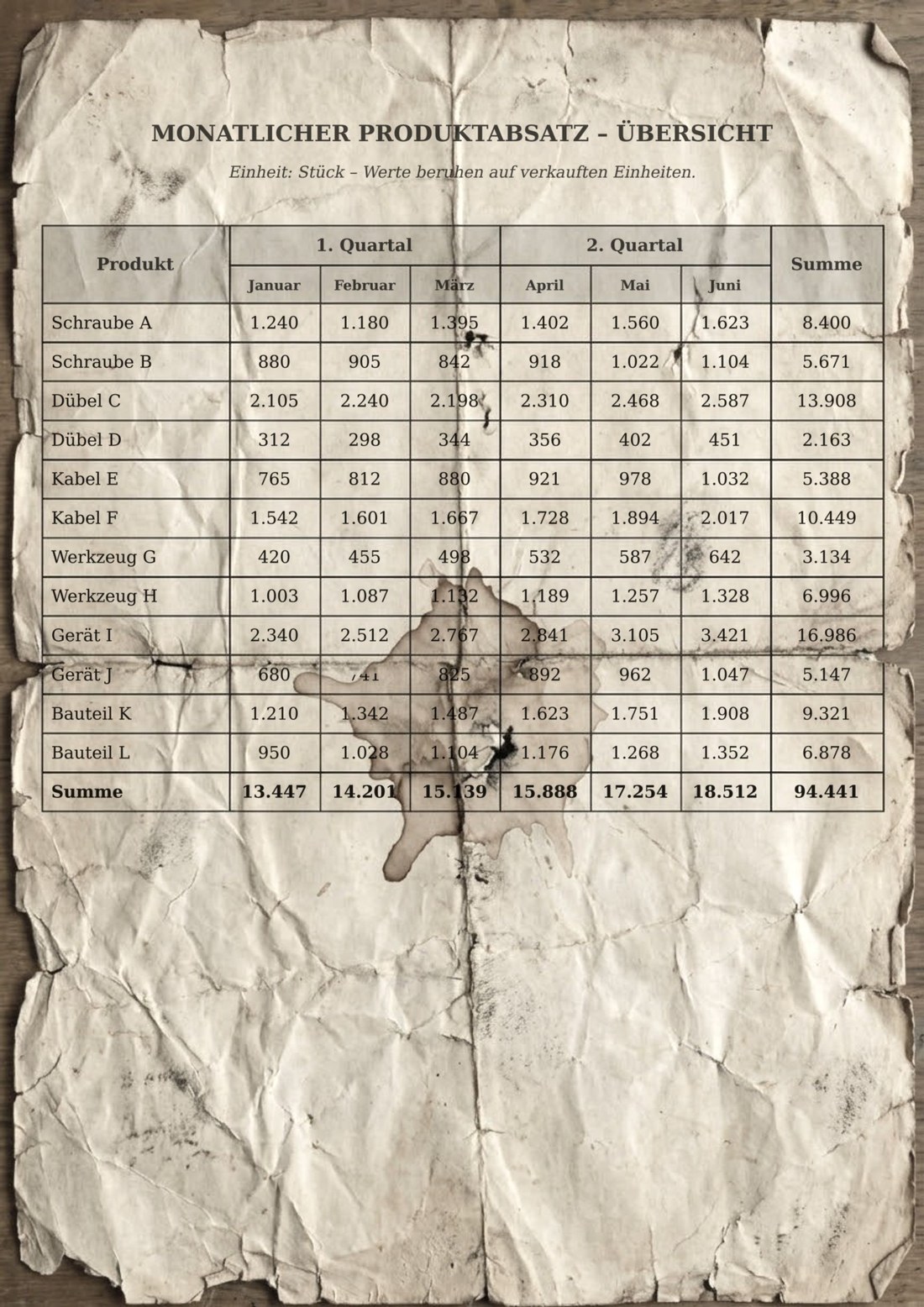 Foto einer gedruckten Tabelle auf zerknittertem, fleckigem Papier: monatlicher Produktabsatz