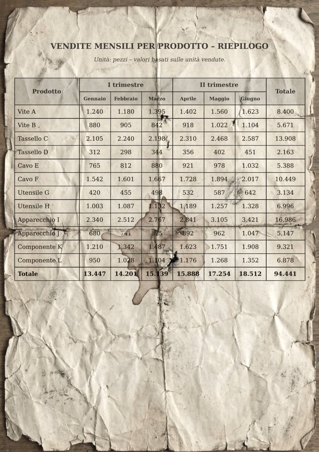 Foto di una tabella stampata su carta stropicciata e macchiata: vendite mensili per prodotto